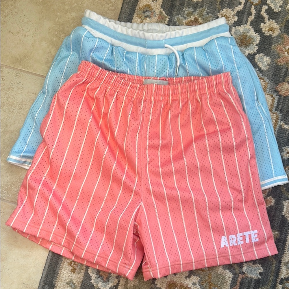 Two pair men’s athletic mesh shorts lined blue and orange summer medium